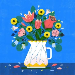 An illustration by Anja Sušanj of a vibrant floral bouquet in a cracked white pitcher against a solid blue background.