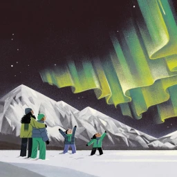 An illustration of four people in winter clothing standing in the snow and looking up at a vibrant green aurora borealis in the night sky.