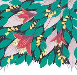 Botanical illustration featuring large red flowers, yellow bell flowers, and teal green leaves by Anja Susanj