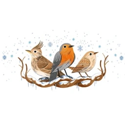 Three illustrated birds perched on a snow-covered branch surrounded by falling snowflakes against a white background.