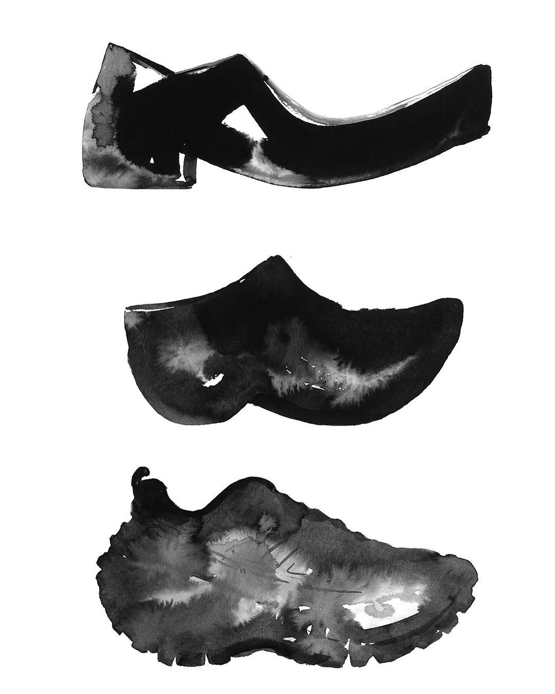 Watercolor painting of three shoes stacked vertically on a white background showcasing a heel, a clog, and a sneaker.