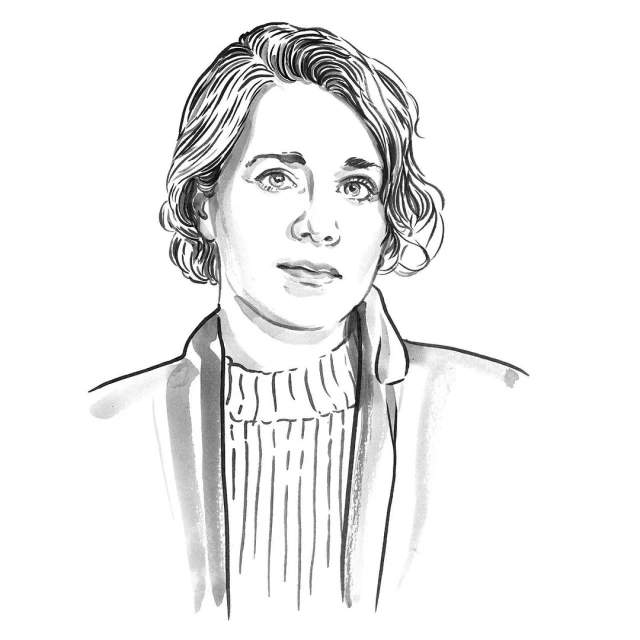 Illustration of a woman with short hair, wearing a sweater and jacket in a medium portrait view with white isolated background.