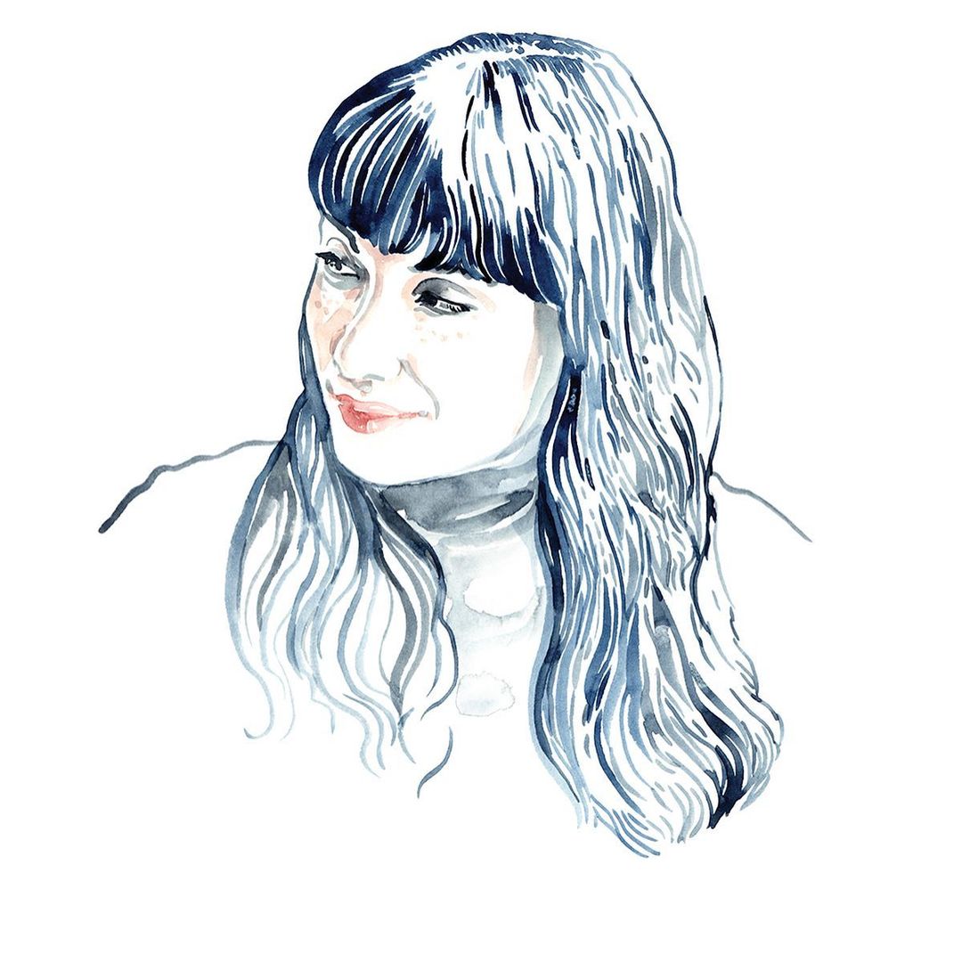 Watercolor portrait of an adult woman with dark hair and bangs, looking to the side, set against a plain white background.