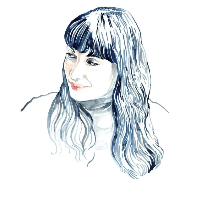 Watercolor portrait of an adult woman with dark hair and bangs, looking to the side, set against a plain white background.