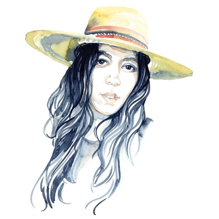 Watercolor illustration portrait of a woman with dark wavy hair wearing a wide-brimmed yellow hat against a plain white background.