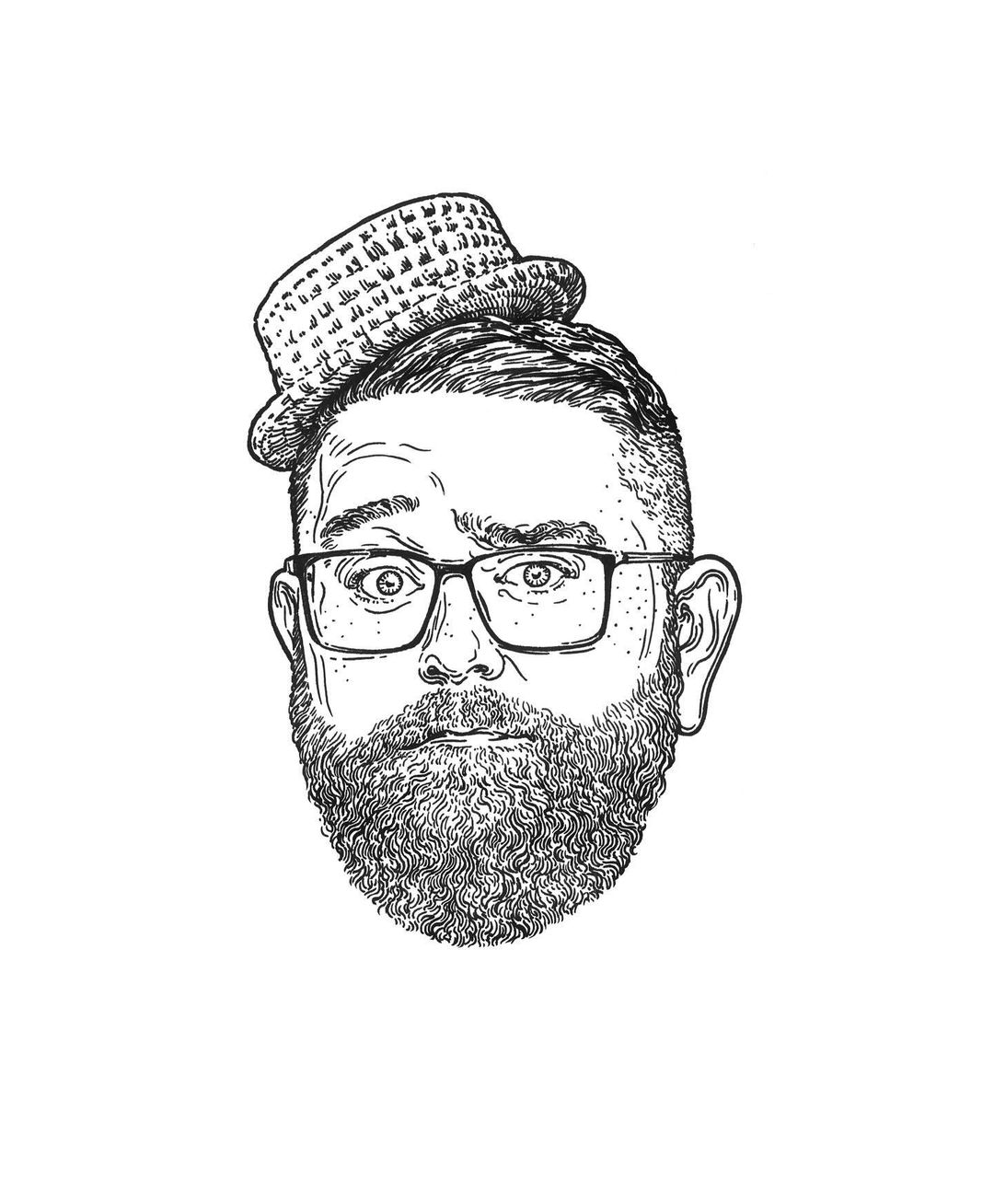 Illustrated portrait of an adult male with a beard, wearing a hat and glasses, set against a plain white background.