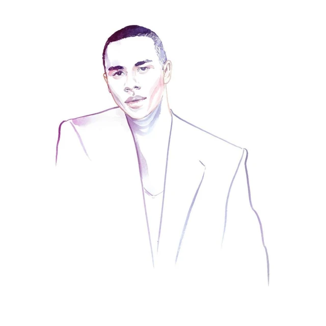 Fashion illustration of an adult male wearing a white jacket and turtleneck sweater against a white backdrop, rendered in watercolor.