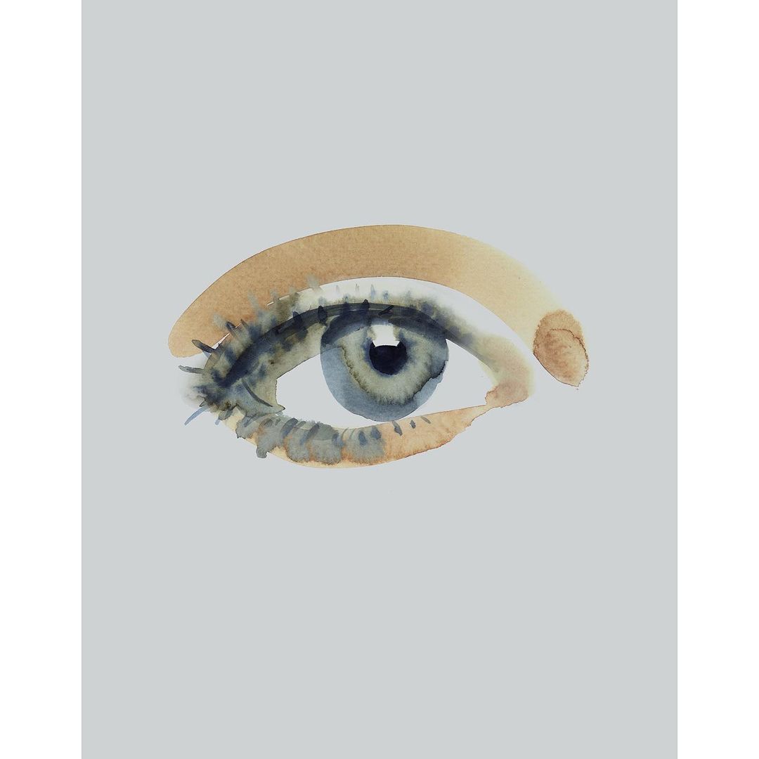 Watercolor painting of a single eye with detailed lashes and eyebrow on a light grey background; artistic rendering of human anatomy.