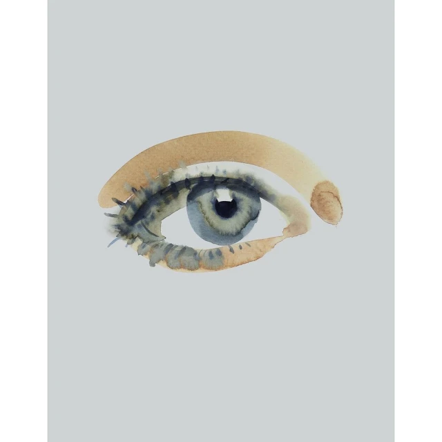 Watercolor painting of a single eye with detailed lashes and eyebrow on a light grey background; artistic rendering of human anatomy.