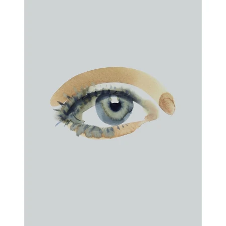Watercolor painting of a single eye with detailed lashes and eyebrow on a light grey background; artistic rendering of human anatomy.