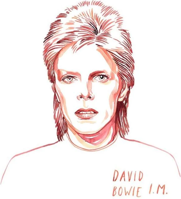 Watercolor illustration of David Bowie with his name on the lower right corner of his white t-shirt against a white background.