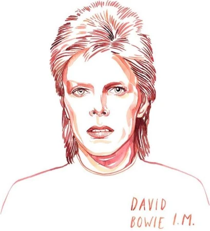 Watercolor illustration of David Bowie with his name on the lower right corner of his white t-shirt against a white background.