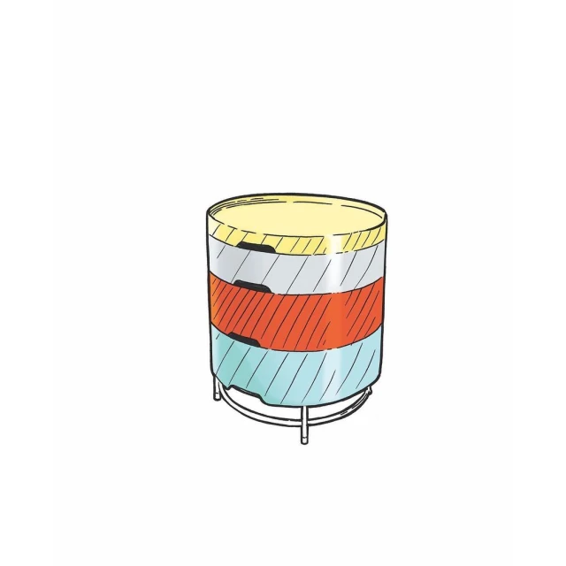 Illustration of a cylindrical storage unit with three tiers in yellow, orange, and blue, standing against a plain white backdrop.