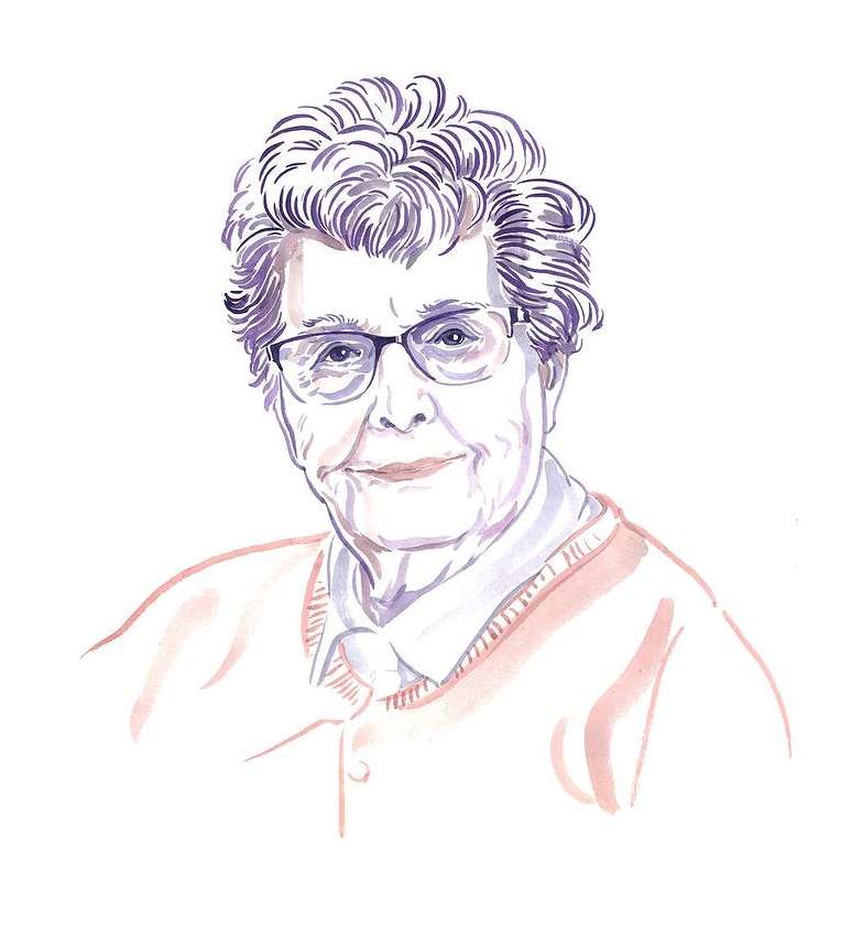 An illustrated portrait of an elderly woman wearing glasses and a sweater, created by Berlin-based illustrator Anje Jager.