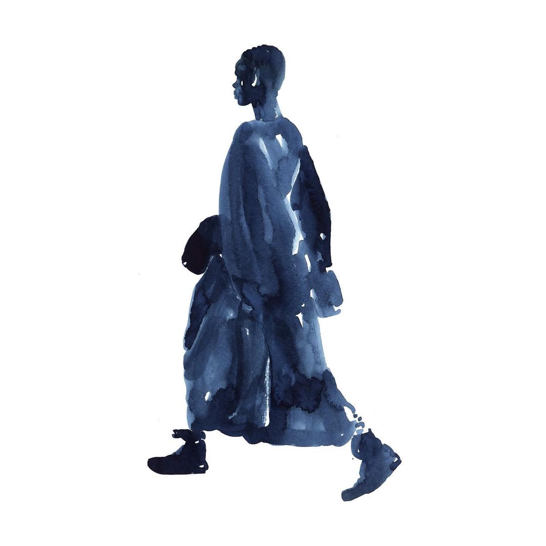 Watercolor illustration of an African-American woman walking in a navy blue coat and shoes against a stark white background.