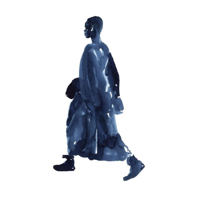 Watercolor illustration of an African-American woman walking in a navy blue coat and shoes against a stark white background.