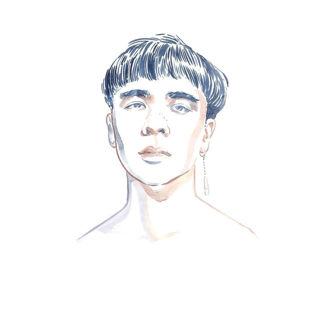 Watercolor style illustration of a young adult, featuring blue tinted hair, tan skin and simple earring accessories, on white background.