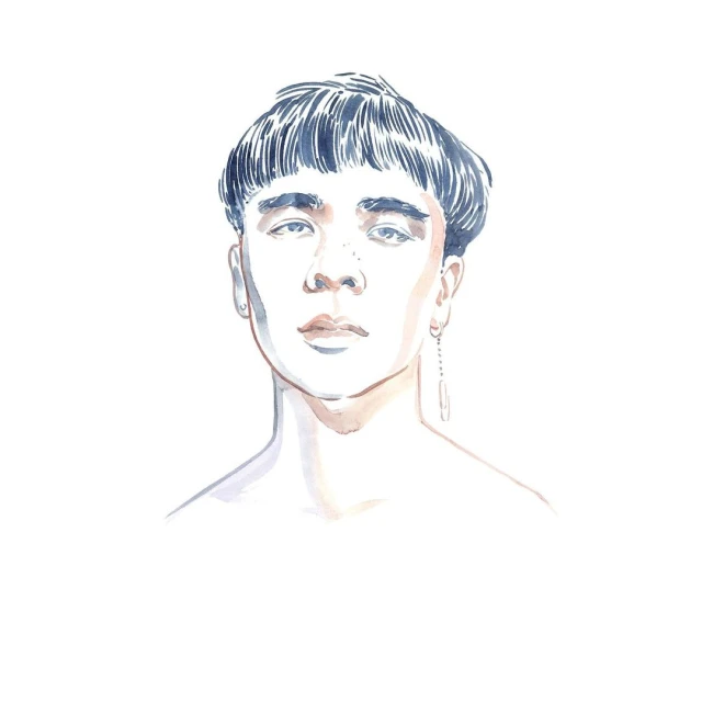 Watercolor style illustration of a young adult, featuring blue tinted hair, tan skin and simple earring accessories, on white background.