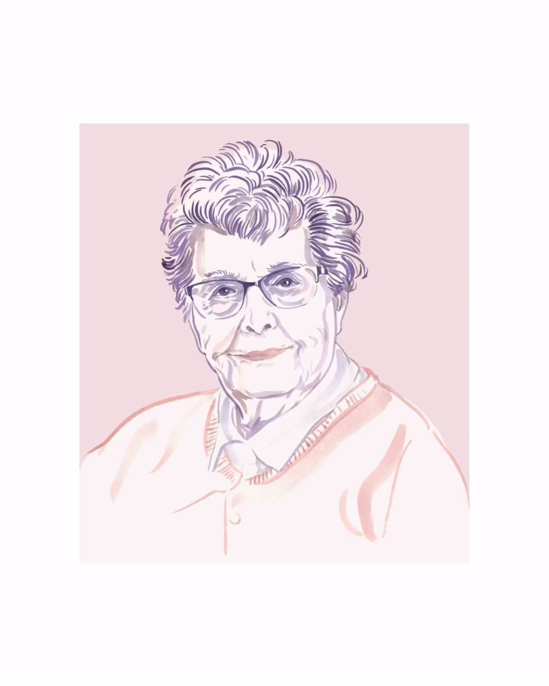 Illustration of an older adult woman with short grey hair wearing glasses and a pink cardigan on a light pink background.