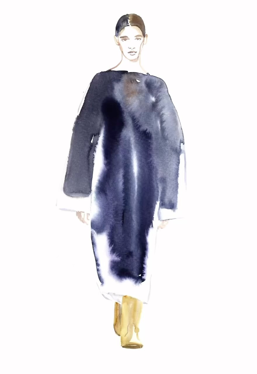 Watercolor illustration of a woman wearing a dark blue dress and light brown ankle boots against a white backdrop in a studio setting.