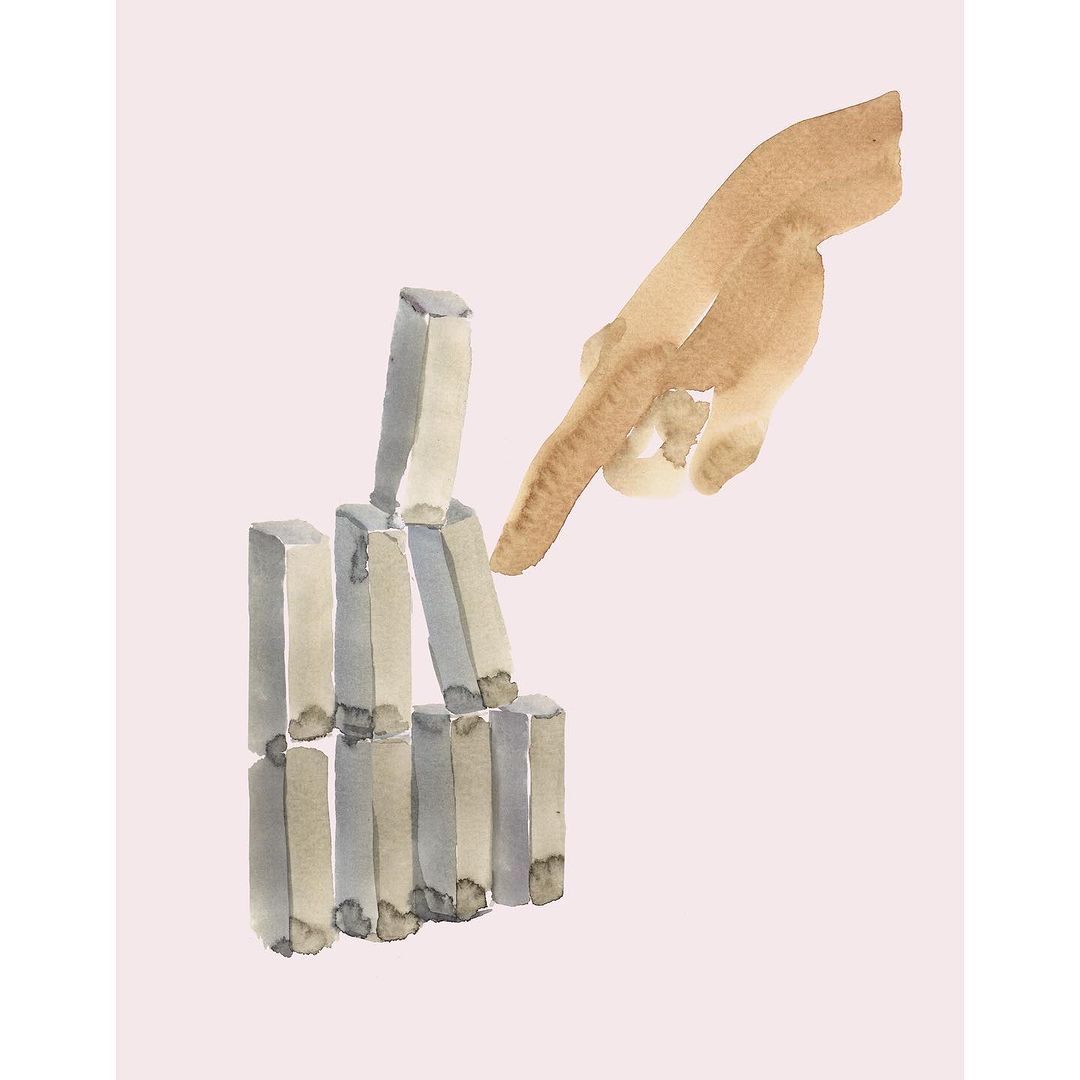 Watercolor illustration of a light-skinned hand pointing at a tower made of stacked rectangular shapes on a pale pink background.