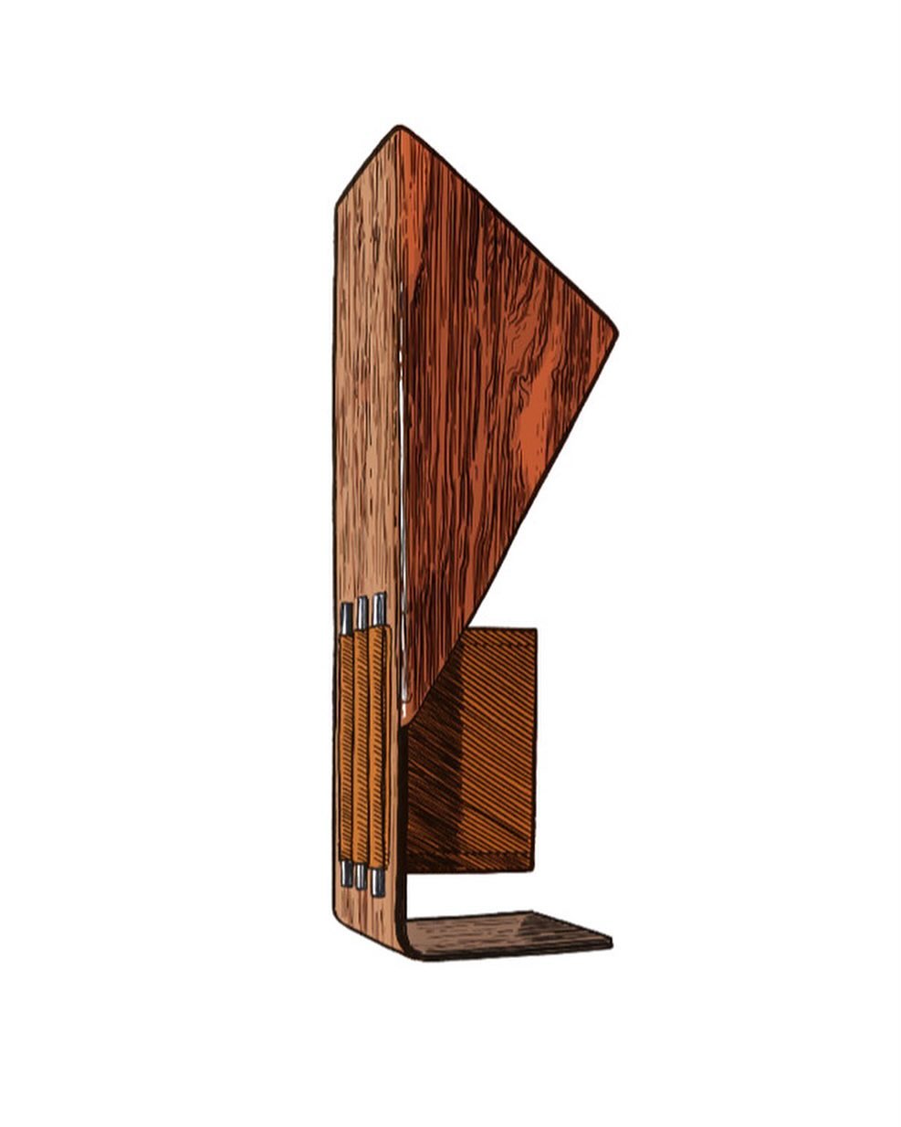 Illustration of a minimalist brown and tan wooden object with a geometric, angled design on a white background in a side view.