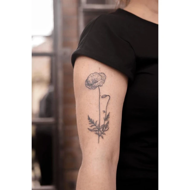 Close-up of a woman's upper arm showcasing a detailed floral tattoo of a poppy with leaves, set against a soft-focus indoor backdrop.