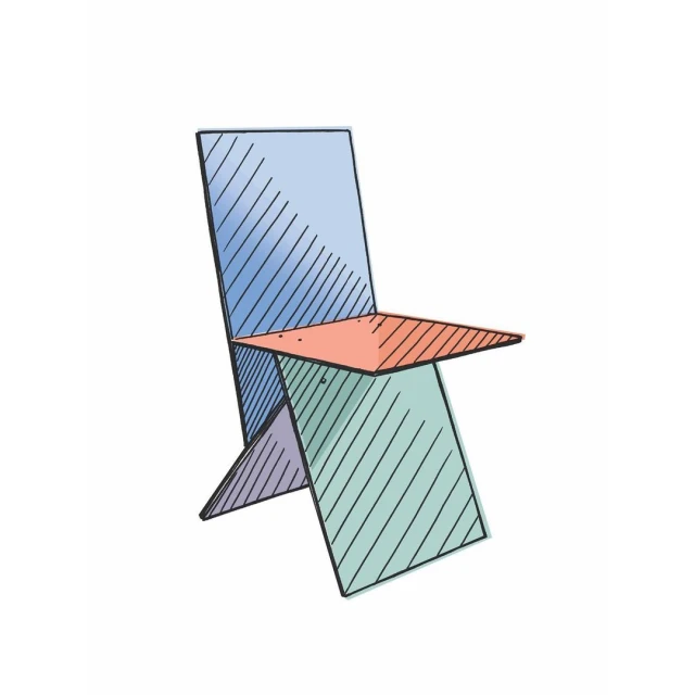 Illustration of a geometric chair design with blue, green, and coral sections, set against a plain white background. Minimalist furniture art.