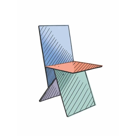 Illustration of a geometric chair design with blue, green, and coral sections, set against a plain white background. Minimalist furniture art.