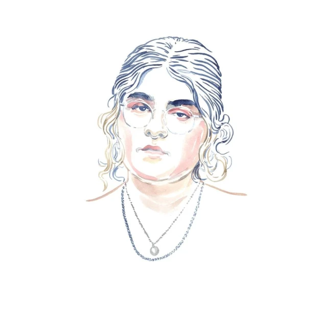Watercolor illustration of an adult female with blonde and grey hair, wearing glasses and a pearl pendant necklace on a white background.