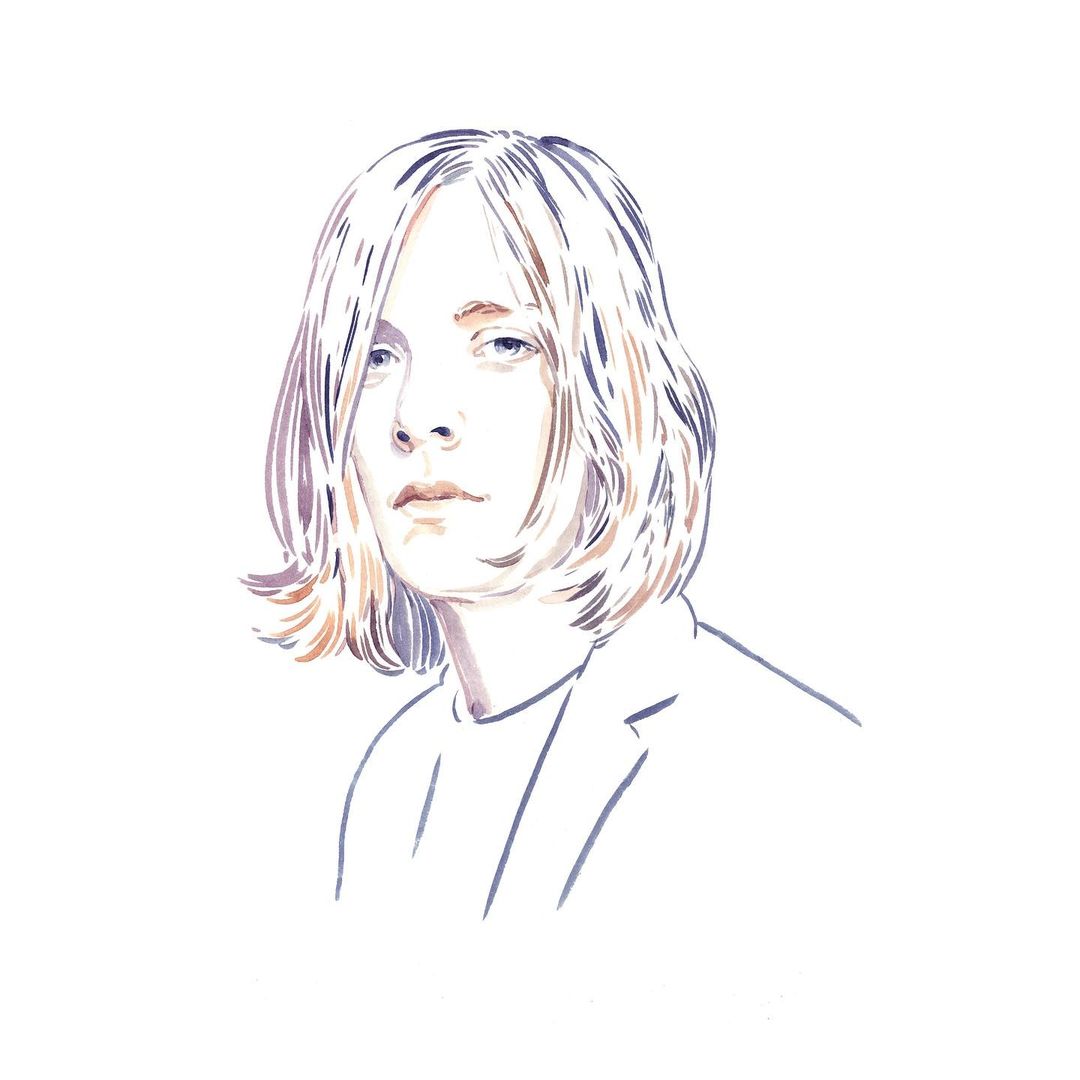Watercolor illustration of a person with blonde hair wearing a blazer against a white background in a portrait-style composition.