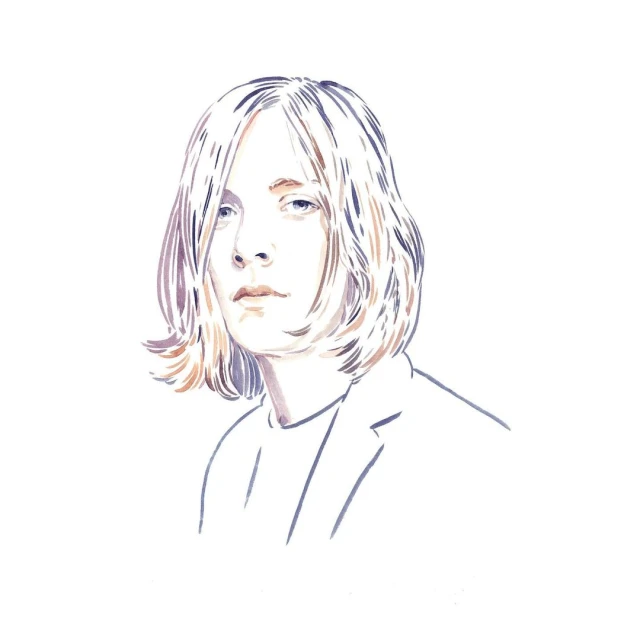 Watercolor illustration of a person with blonde hair wearing a blazer against a white background in a portrait-style composition.