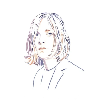 Watercolor illustration of a person with blonde hair wearing a blazer against a white background in a portrait-style composition.