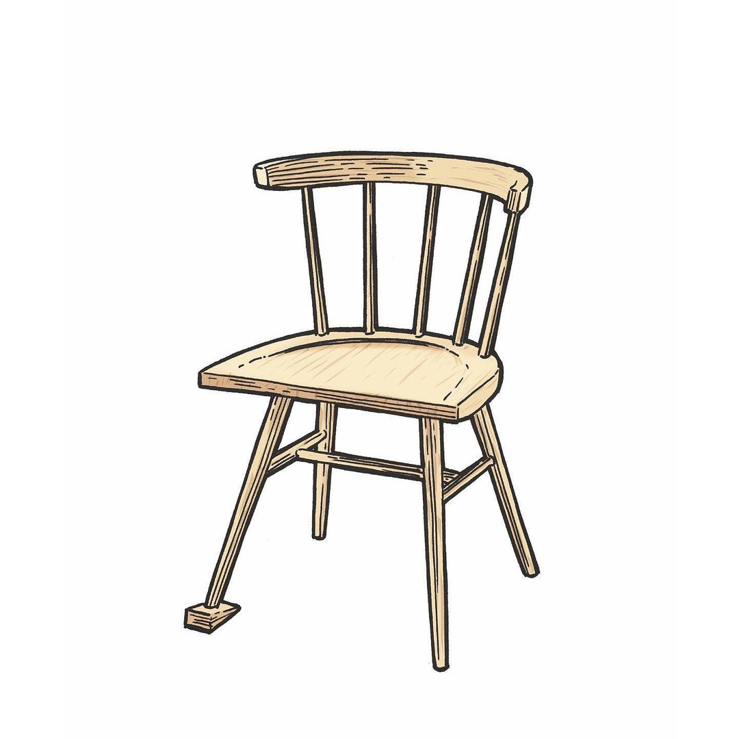 Illustration of a wooden chair with a Windsor back, featuring a light wood finish and simple, classic design, isolated on white.