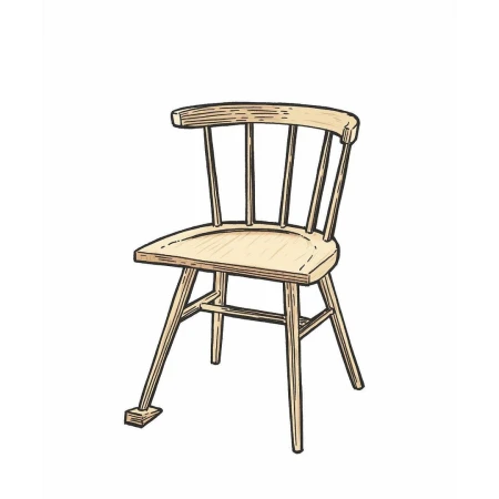 Illustration of a wooden chair with a Windsor back, featuring a light wood finish and simple, classic design, isolated on white.