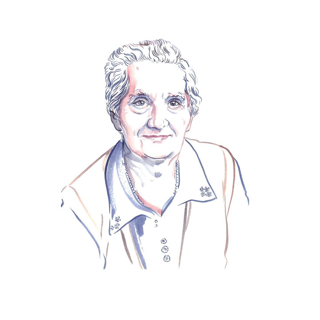 Watercolor illustration of an elderly woman with short gray hair wearing a button-down shirt and necklace, set against a white background.