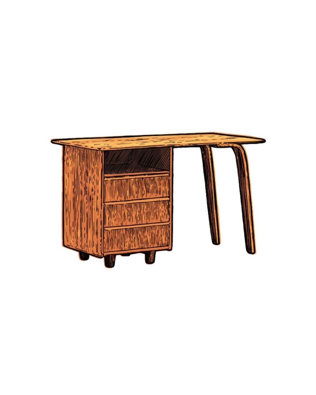 Illustration of a wooden desk with drawers and bent legs, presented against a white background.