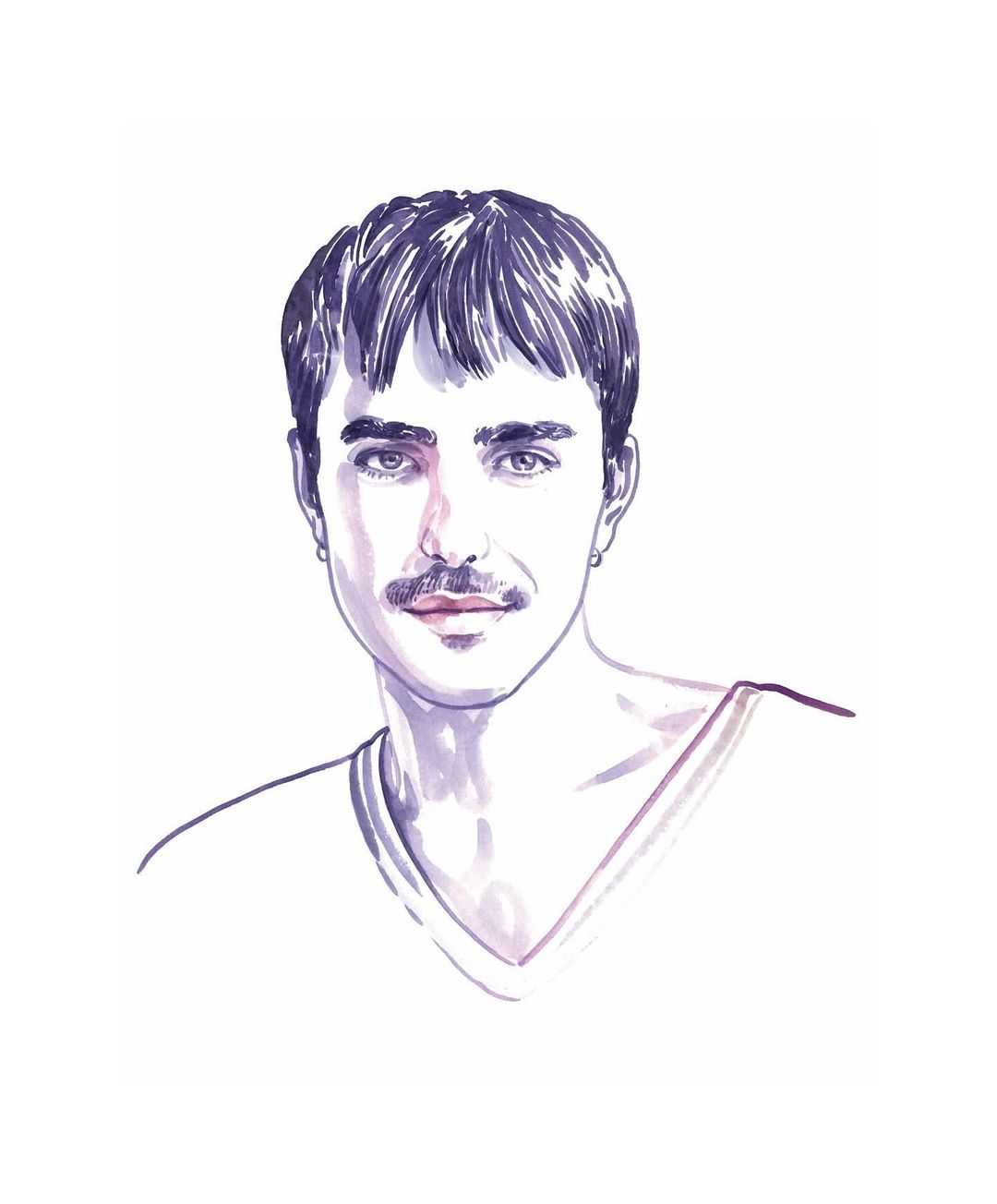 Ink and wash illustration of a man with dark hair and a mustache wearing a v-neck top by Anje Jager.