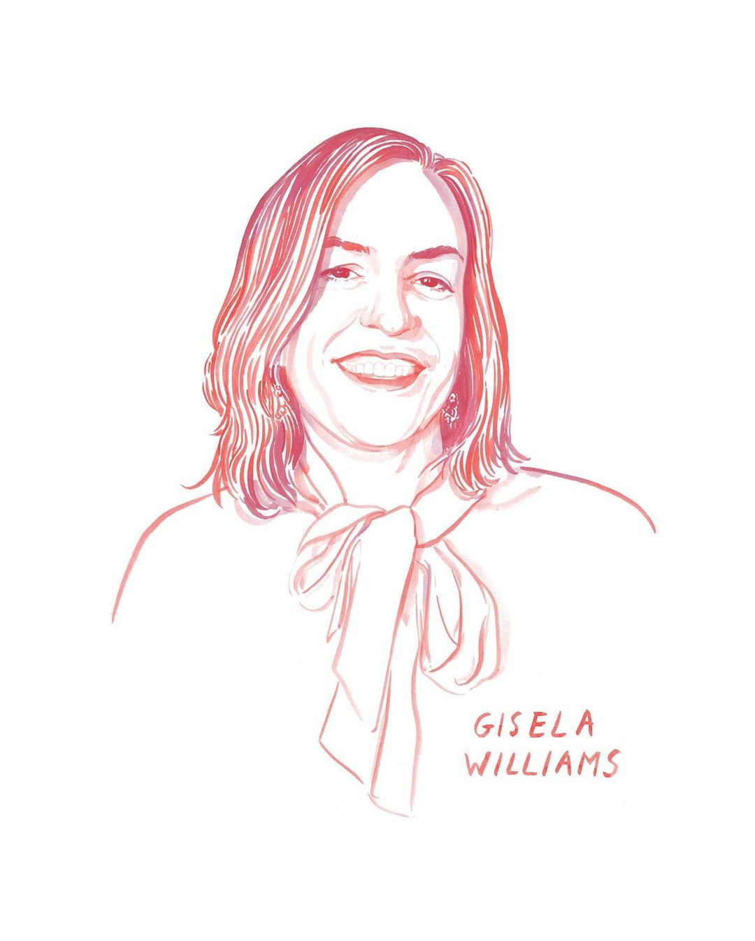 Illustration of a smiling woman with shoulder-length hair and a ribboned shirt, rendered in an artistic style against a white backdrop.