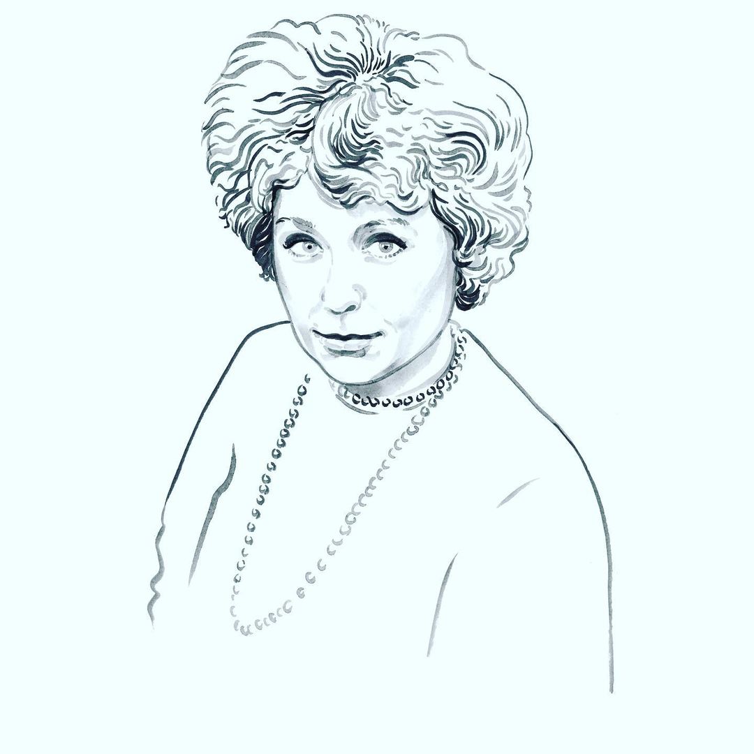 Illustration of an adult female with curly gray hair, wearing a white top and a pearl necklace, on a white background.