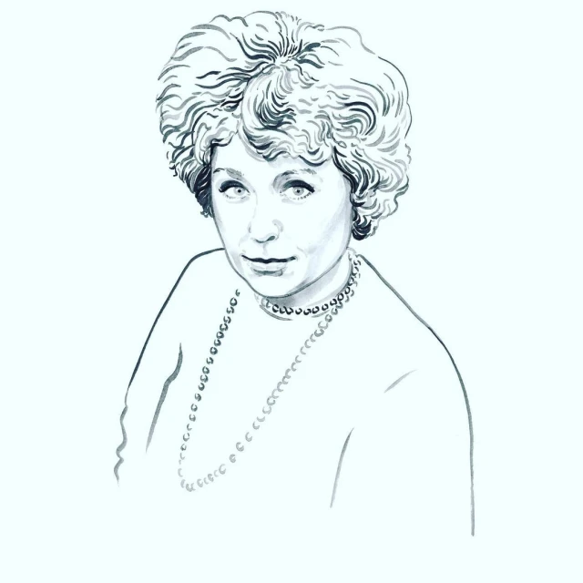 Illustration of an adult female with curly gray hair, wearing a white top and a pearl necklace, on a white background.
