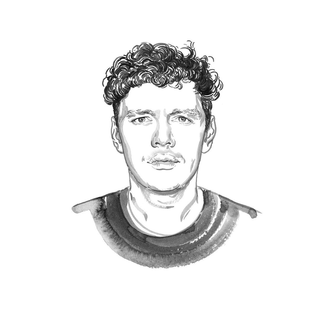 Illustration of an adult male with curly dark hair wearing a dark shirt, rendered in black and white against a white background.