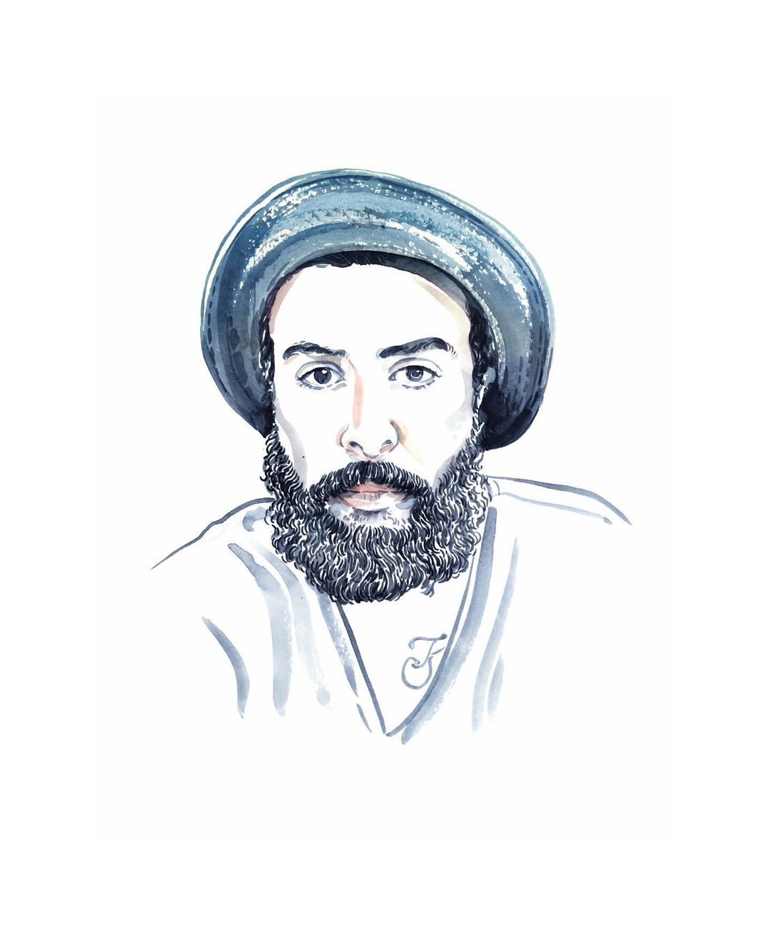 Watercolor style portrait of a bearded adult male wearing a hat, depicted with fine lines and a white background, focusing on facial details.