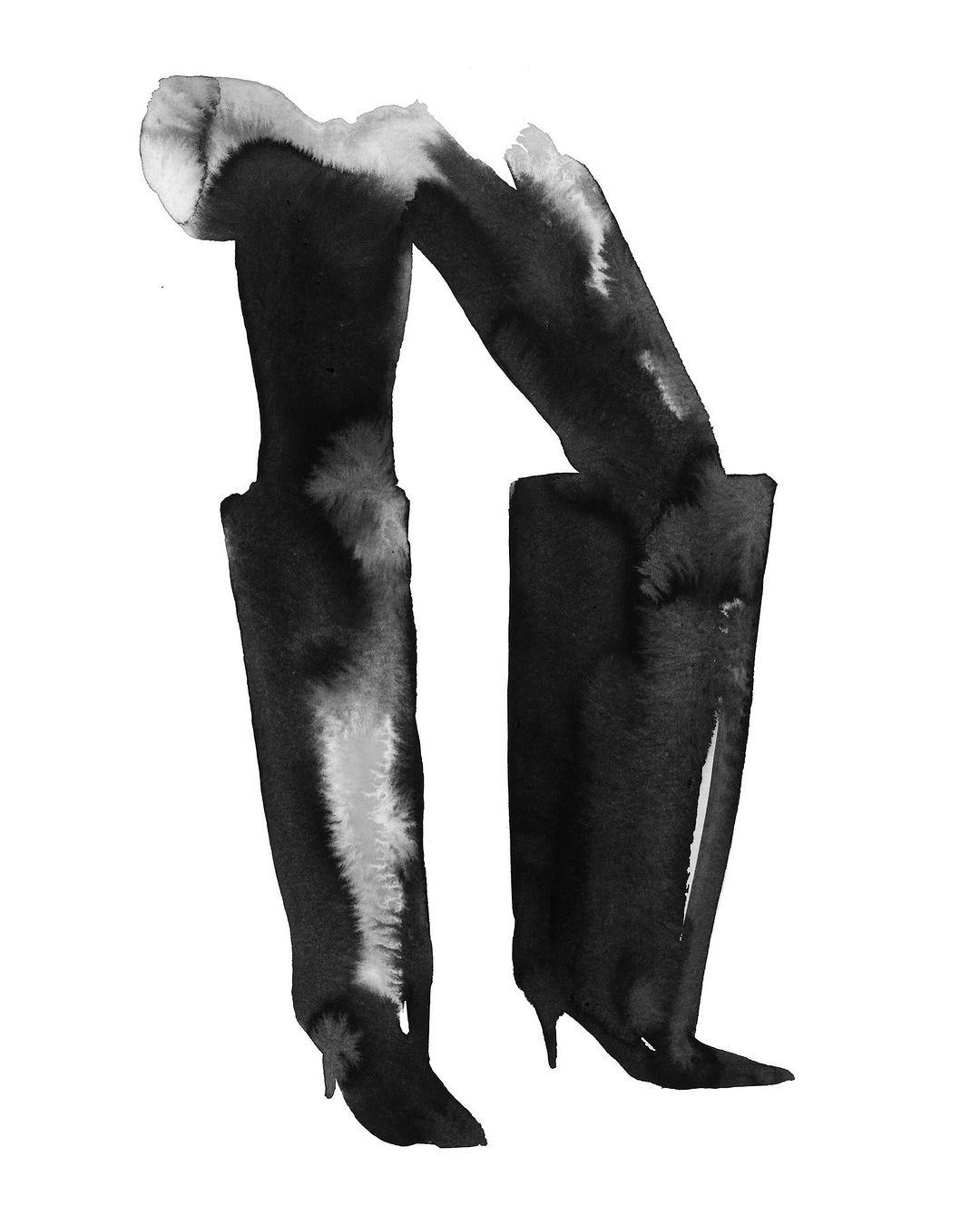 Black and white watercolor painting of women's thigh-high heeled boots on a white background in an abstract fashion illustration.