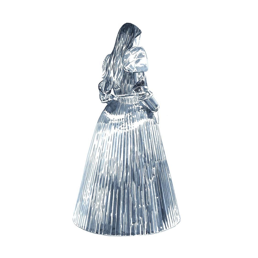 Illustration of a woman in a long, pleated dress, viewed from the back, in a blue monochrome ink wash against a plain white background.