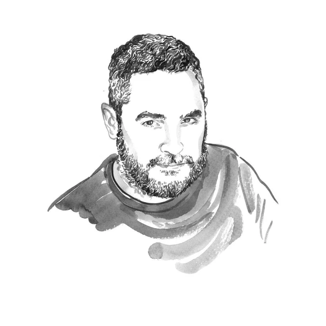 Black and white illustration of a person with short curly hair and a beard, wearing a dark shirt, set against a stark white background.
