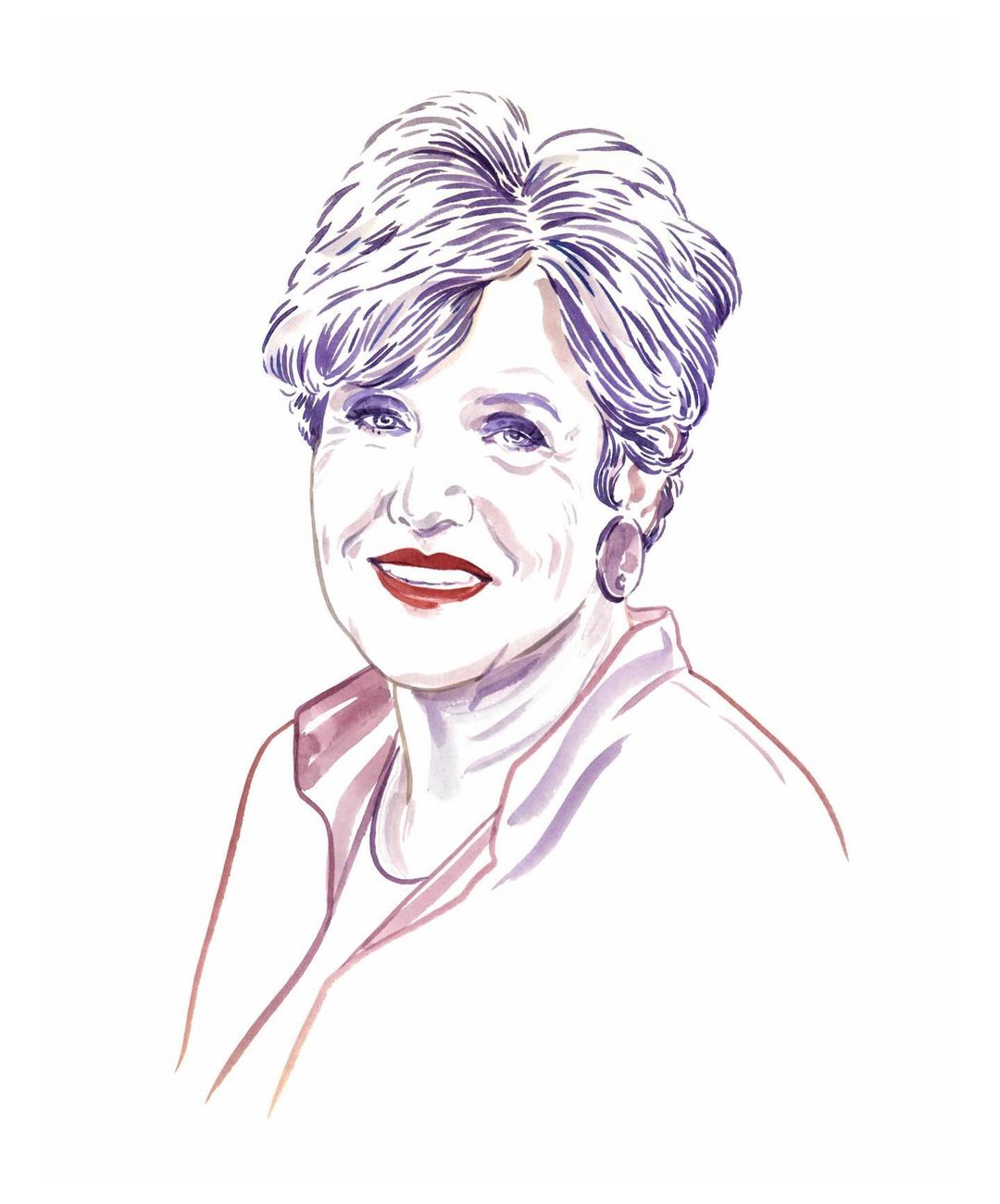 Illustration of an elderly woman with short gray hair, wearing a white top and earrings, smiling against a white background.