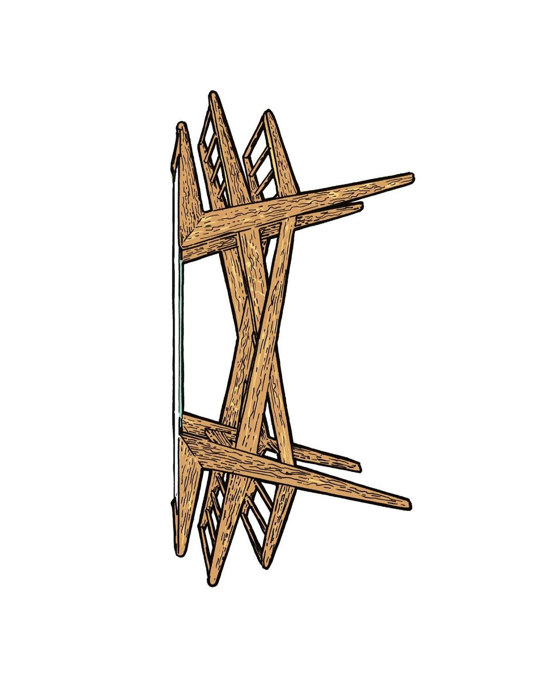 Illustration of a disassembled light brown wooden chair with ladder-like components, floating in the center against a white background.