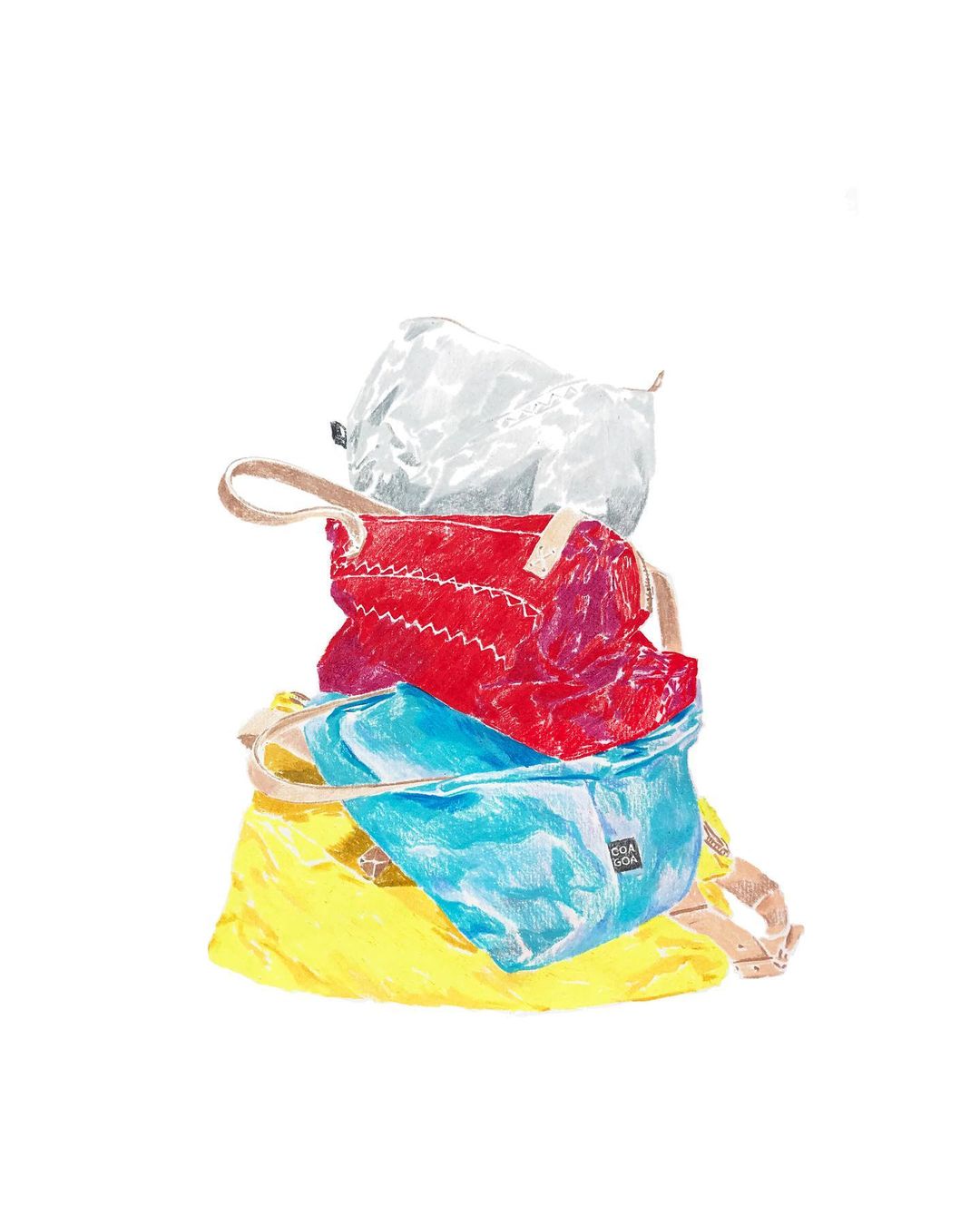 Colorful stack of recycled sailcloth bags, including a white pouch, red purse, blue bag, and a yellow tote, against a plain white backdrop.