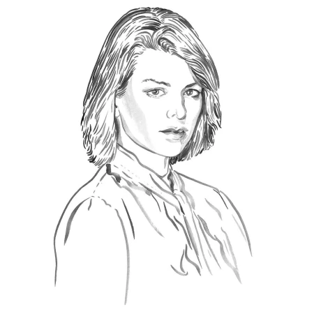 Illustration of a young woman's upper body, showcasing her short hair, simple blouse, and neutral facial expression against a white backdrop.